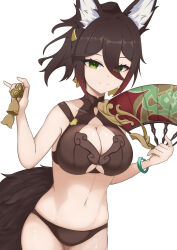 Rule 34 | 1girl, absurdres, animal ear fluff, animal ears, black hair, breasts, brown panties, cleavage, cleavage cutout, closed mouth, clothing cutout, commentary request, covered collarbone, eyes visible through hair, folding fan, gradient hair, green eyes, hair between eyes, hand fan, hands up, highres, holding, holding fan, honkai: star rail, honkai (series), looking at viewer, medium breasts, multicolored hair, panties, ponytail, red hair, sato art, simple background, smile, solo, tail, tingyun (honkai: star rail), underwear, white background