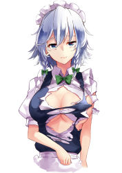 Rule 34 | 1girl, apron, blue dress, blue eyes, bow, bowtie, braid, breasts, commentary request, deetamu, dress, frilled apron, frills, green bow, hair between eyes, hair bow, highres, izayoi sakuya, large breasts, looking at viewer, maid, maid apron, maid headdress, puffy short sleeves, puffy sleeves, shirt, short hair, short sleeves, silver hair, simple background, solo, torn clothes, torn dress, torn shirt, torn sleeves, touhou, twin braids, upper body, waist apron, white apron, white background, white shirt