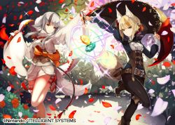 Rule 34 | 2girls, alternate costume, animal ears, belt, black hair, black pants, blonde hair, boots, brown hair, closed mouth, company name, copyright name, cosplay, costume switch, fire emblem, fire emblem cipher, fire emblem fates, flower, fox ears, fox tail, grey hair, hair ornament, japanese clothes, kurosawa tetsu, leg up, long sleeves, miniskirt, multicolored hair, multiple girls, nintendo, official art, pants, petals, red eyes, selkie (fire emblem), skirt, smile, stone, streaked hair, tail, tree, velouria (fire emblem), wolf ears, wolf tail, yellow eyes