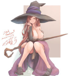 Rule 34 | 1girl, absurdres, arm up, bare shoulders, black footwear, bored, breasts, brown eyes, brown hair, cleavage, commission, curvy, dated, detached sleeves, dragon&#039;s crown, dress, fingerless gloves, full body, gloves, hat, highres, holding, holding staff, huge breasts, long hair, looking at viewer, off-shoulder dress, off shoulder, pelvic curtain, saamon (salmonkomaku), signature, simple background, sitting, skeb commission, solo, sorceress (dragon&#039;s crown), staff, upskirt, wide hips, witch hat