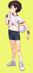 Rule 34 | 1girl, bad id, bad twitter id, ball, bike shorts, brown eyes, brown hair, child, clothes lift, duplicate, female focus, full body, girls und panzer, gym shirt, hand to own mouth, highres, holding, holding ball, isobe noriko, lifting own clothes, looking away, looking to the side, navel, original, pixel-perfect duplicate, shirt, shirt lift, shoes, short hair, short sleeves, shorts, simple background, sneakers, socks, solo, sportswear, standing, t-shirt, thigh shorts, volleyball, volleyball (object), white footwear, white shirt, white socks, wiping sweat, wristband, yellow background, zhongye yu