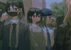Rule 34 | 6+girls, black hair, black jacket, black necktie, blue necktie, brown eyes, brown hair, brown sweater, building, city, collared shirt, commentary, hat, highres, jacket, long hair, looking at viewer, mask, mouth mask, multiple girls, necktie, one side up, original, outdoors, police hat, potg (piotegu), shirt, short hair, suit jacket, surgical mask, sweater, two side up, white shirt