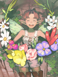Rule 34 | 1girl, :d, ahoge, brown hair, clover, fairy, fairy wings, flower, four-leaf clover, mini person, minigirl, open mouth, overalls, pointy ears, sarmat, short hair, smile, solo, tactics ogre, thighhighs, transparent wings, white overalls, wings