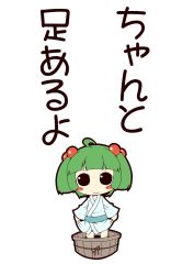 Rule 34 | 1girl, bucket, green hair, hair bobbles, hair ornament, in bucket, in container, kisume, short hair, simple background, smile, solo, touhou, translation request, twintails, white background, zannen na hito
