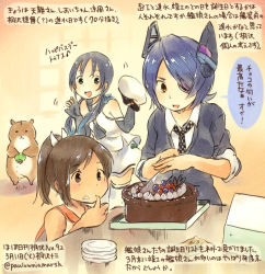 Rule 34 | 10s, 3girls, admiral (kancolle), artist self-insert, blue hair, brown eyes, brown hair, cake, chocolate cake, colored pencil (medium), cutting, dated, elbow gloves, eyepatch, food, food on face, gloves, hat, unworn hat, headgear, unworn headwear, i-401 (kancolle), kantai collection, kirisawa juuzou, knife, long hair, multiple girls, non-human admiral (kancolle), numbered, personification, ponytail, purple hair, school uniform, serafuku, short hair, skirt, suzukaze (kancolle), tenryuu (kancolle), thighhighs, traditional media, translation request, twitter username, yellow eyes