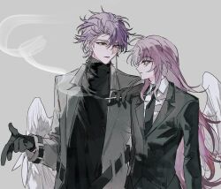 Rule 34 | 2boys, absurdres, black jacket, black necktie, black sweater, chinese commentary, cigarette, closed mouth, coat, collared shirt, commentary request, deqhuqih, earrings, feathered wings, frown, grey background, grey coat, hatsutori hajime, highres, holding, holding cigarette, jacket, jewelry, long hair, long sleeves, male focus, multiple boys, necktie, open clothes, open coat, open mouth, pink hair, purple hair, red eyes, saibou shinkyoku, shirt, short hair, simple background, smoke, sweater, theodore riddle, turtleneck, turtleneck sweater, white shirt, white wings, wings