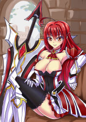 Rule 34 | 1girl, ahoge, armor, armored dress, black thighhighs, blush, breasts, cleavage, elbow gloves, elesis (elsword), elsword, gloves, grand master (elsword), highres, huge weapon, lace, lace-trimmed legwear, lace trim, large breasts, long hair, necktie, official art, pleated skirt, red eyes, red hair, ress, simple background, skirt, solo, sword, thighhighs, thighs, very long hair, weapon, white gloves, white skirt