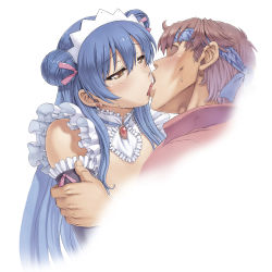 Rule 34 | 1boy, 1girl, arm grab, bare shoulders, blue hair, blush, detached collar, detached sleeves, double bun, earrings, french kiss, hair between eyes, hair bun, headband, hetero, highres, jewelry, kiss, long hair, looking at another, love live!, love live! school idol project, maid, maid headdress, mogudan, mogyutto &quot;love&quot; de sekkin chuu!, simple background, sonoda umi, tongue, upper body, white background, yellow eyes