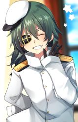 Rule 34 | 1girl, black gloves, closed eyes, commentary request, epaulettes, eyepatch, gloves, green hair, grin, hair between eyes, hat, highres, kantai collection, katsuobushi (eba games), kiso (kancolle), military, military uniform, naval uniform, sailor hat, short hair, sleeves past fingers, sleeves past wrists, smile, solo, star (symbol), uniform, white hat