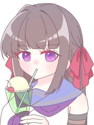 Rule 34 | 1girl, alicia (aris lily0418), arm at side, assault lily, blue sailor collar, blunt bangs, brown hair, cherry, closed mouth, cup, detached sleeves, drinking, drinking glass, drinking straw, drinking straw in mouth, food, fruit, hair intakes, hair ribbon, hand up, highres, holding, holding cup, ice cream, ice cream float, kozue west, long hair, looking at viewer, neckerchief, odaiba girls high school uniform, purple eyes, purple neckerchief, red ribbon, ribbon, sailor collar, school uniform, serafuku, shirt, sidelocks, simple background, sleeveless, sleeveless shirt, solo, upper body, white background, white shirt