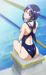 Rule 34 | 1girl, black hair, competition swimsuit, glasses, highres, long hair, looking back, loveemon, muroto aki, one-piece swimsuit, photokano, poolside, sitting, swimsuit