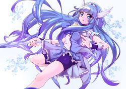 Rule 34 | 1girl, absurdres, aoki reika, bike shorts, bike shorts under skirt, blouse, blue background, blue choker, blue eyes, blue hair, blue shirt, blue skirt, blue theme, breasts, brooch, choker, crystal sword, cure beauty, gradient background, head wings, highres, holding, holding weapon, jewelry, long hair, looking at another, magical girl, open mouth, precure, shirt, short sleeves, skirt, small breasts, smile precure!, snowflakes, solo, standing, standing on one leg, sword, tiara, tirofinire, very long hair, weapon, wings