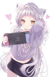 Rule 34 | 1girl, absurdres, alternate costume, animal ears, bad id, bad twitter id, black skirt, blush, braid, casual, cat ears, closed mouth, commentary, grey shirt, hair intakes, hand in own hair, heart, highres, hololive, kemonomimi mode, long hair, long sleeves, looking to the side, maikro, midriff, miniskirt, murasaki shion, nintendo switch, orange eyes, ponytail, shirt, silver hair, simple background, skirt, smile, smug, solo, v-shaped eyebrows, virtual youtuber, white background