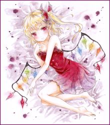 Rule 34 | 1girl, alternate costume, bad id, bad pixiv id, bare arms, bare legs, bare shoulders, barefoot, blonde hair, border, colored pencil (medium), dress, flandre scarlet, flower, gradient background, hair ribbon, hand on own chest, light smile, looking at viewer, lying, marker (medium), on side, painting (medium), potto, potto (minntochan), red eyes, red flower, red rose, ribbon, rose, shikishi, short hair, side ponytail, solo, strapless, strapless dress, touhou, traditional media, watercolor (medium), wings