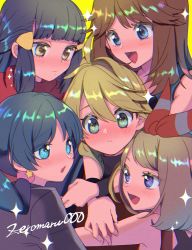 Rule 34 | 5girls, black hair, black wristband, blonde hair, blue eyes, blush, brown hair, closed mouth, commentary request, creatures (company), dawn (pokemon), eyelashes, fangs, fingernails, game freak, green (pokemon), green eyes, hair ornament, hairclip, highres, kris (pokemon), may (pokemon), mokorei, multiple girls, nintendo, open mouth, pokemon, pokemon adventures, sidelocks, smile, sparkle, star (symbol), tongue, wristband, yellow (pokemon), yellow background, yellow eyes