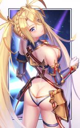 Rule 34 | 1girl, antenna hair, armor, artist request, ass, back, bare shoulders, bikini, blonde hair, blue eyes, blush, bradamante (fate), bradamante (third ascension) (fate), braid, breasts, butt crack, fate/grand order, fate (series), faulds, french braid, from behind, gloves, highres, long hair, looking at viewer, looking back, panties, shiny skin, sideboob, solo, swimsuit, thigh strap, twintails, underwear, very long hair