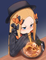 Rule 34 | 1girl, abigail williams (fate), black bow, black dress, black hat, blonde hair, blue eyes, blush, bow, bowl, chopsticks, commentary request, dress, eating, fate/grand order, fate (series), food, forehead, hair bow, hat, highres, holding, holding chopsticks, long hair, long sleeves, looking away, multiple hair bows, noodles, orange bow, parted bangs, polka dot, polka dot bow, ramen, sleeves past fingers, sleeves past wrists, solo, sweat, upper body, usuaji, v-shaped eyebrows, very long hair