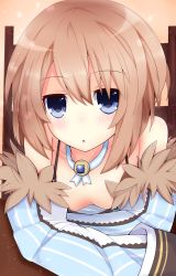 Rule 34 | 10s, 1girl, :o, bare shoulders, blanc (neptunia), blue dress, blue eyes, blush, breasts, chair, chestnut mouth, cleavage, collarbone, detached collar, detached sleeves, downblouse, dress, eyebrows, hair between eyes, haru blanc0316, highres, indoors, leaning forward, light brown hair, long sleeves, neptune (series), open mouth, short hair, sleeveless, sleeveless dress, small breasts, solo, sparkle, striped, striped sleeves, table
