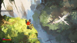 Rule 34 | 1boy, 1girl, backpack, bag, cape, cliff, collar, collared cape, creature, day, fake horns, fake screenshot, from above, gameplay mechanics, grass, hat, health bar, helmet, horned headwear, horned helmet, horns, looking down, made in abyss, nature, outdoors, red cape, regu (made in abyss), riko (made in abyss), shadow, shen yh, tree, user interface, water, waterfall