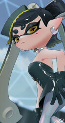 1girl absurdres bare_shoulders black_dress black_gloves black_hair blonde_hair blush bow-shaped_hair breasts callie_(splatoon) chromatic_aberration closed_mouth cross-shaped_pupils dress earrings expressionless film_grain gloves gradient_hair grey_choker hand_on_own_hip highres inkling jewelry long_hair looking_at_viewer mole mole_under_eye multicolored_hair nintendo pantyhose pointy_ears puchiman signature solo splatoon_(series) splatoon_3 strapless strapless_dress suction_cups swept_bangs symbol-shaped_pupils tentacle_hair thick_eyebrows twintails two-tone_hair white_pantyhose yellow_eyes