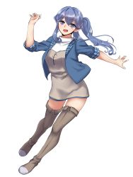 Rule 34 | 1girl, absurdres, blazer, blue eyes, blue hair, blue jacket, brown dress, brown footwear, commentary request, dress, full body, gotland (kancolle), hair between eyes, highres, jacket, kantai collection, long hair, long sleeves, looking at viewer, mole, mole under eye, open mouth, ponytail, shingyou (alexander-13), simple background, smile, solo, thighhighs, white background
