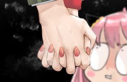 Rule 34 | anya (spy x family), child, close-up, couple, family, fingernails, formal, green suit, hairpods, hand focus, hetero, highres, holding hands, holding hands is lewd, husband and wife, interlocked fingers, kobi420, nail polish, out of frame, pink hair, spy x family, suit, twilight (spy x family), yor briar