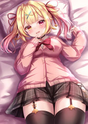 Rule 34 | 1girl, bed sheet, black skirt, blonde hair, blush, brown thighhighs, cardigan, cowboy shot, finger to mouth, garter straps, gradient hair, hair ornament, hair ribbon, heterochromia, highres, hoshikawa sara, hoshikawa sara (4th costume), long sleeves, lying, multicolored hair, nijisanji, on back, on bed, open mouth, pillow, pink cardigan, pink hair, plaid, plaid skirt, pleated skirt, red eyes, red ribbon, ribbon, skirt, sleeves past wrists, smile, solo, thighhighs, twintails, virtual youtuber, x hair ornament, yellow eyes, yuano