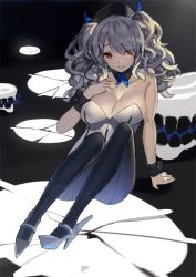 Rule 34 | 10s, 1girl, alternate eye color, bad anatomy, bad hands, bare shoulders, beret, black pantyhose, breasts, hat, kantai collection, kashima (kancolle), large breasts, leotard, long hair, miyazakisoul, pantyhose, playboy bunny, red eyes, silver hair, smile, solo, tongue, tongue out, two side up, wrist cuffs