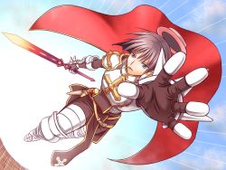 Rule 34 | 1boy, armor, armored boots, blue eyes, boots, breastplate, brown hair, cape, chainmail, commentary request, cross, emphasis lines, expressionless, full body, gauntlets, hat, holding, holding sword, holding weapon, leaf, leg armor, looking at viewer, lord knight (ragnarok online), male focus, mouth hold, open mouth, pauldrons, pink hat, ragnarok online, reaching, reaching towards viewer, red cape, sakakura (sariri), short hair, shoulder armor, solo, spiked gauntlets, stalk in mouth, sword, tabard, weapon
