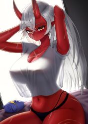 1girl akumi_(yoclesh) arkucoffee black_pants breasts cleavage colored_skin hair_between_eyes highres horns indie_virtual_youtuber large_breasts long_hair looking_at_viewer navel nipple_piercing oni panties pants piercing red_horns red_oni red_skin scar scar_on_arm scar_on_ass scar_on_breasts scar_on_chest scar_on_face scar_on_leg see-through_clothes shirt sitting smile solo underwear very_long_hair virtual_youtuber white_hair white_shirt yellow_eyes