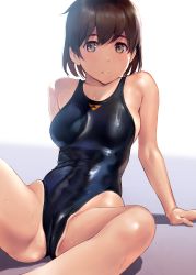 Rule 34 | 1girl, absurdres, bare shoulders, black one-piece swimsuit, blush, breasts, brown eyes, brown hair, collarbone, commentary request, competition swimsuit, covered navel, highleg, highleg swimsuit, highres, hiryuu (kancolle), kantai collection, large breasts, looking at viewer, one-piece swimsuit, short hair, sitting, smile, solo, swimsuit, thighs, wa (genryusui), wet, white background