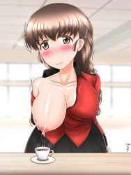 Rule 34 | 10s, 1girl, blush, breasts, brown eyes, brown hair, cup, girls und panzer, highres, io-catalyst, lactating into container, lactation, large breasts, nipples, rukuriri (girls und panzer), solo, tea, teacup, tears