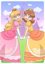 Rule 34 | 2girls, artist name, blonde hair, blue eyes, brown hair, cloud, cloudy sky, crown, dated, dress, earrings, elbow gloves, gloves, happy, holding hands, icrisuchiha, jewelry, long hair, looking at viewer, mario (series), multiple girls, nintendo, open mouth, princess daisy, princess peach, purple sky, short hair, signature, sky, smile, sphere earrings, super mario bros. 1, super mario land, super smash bros., teeth, upper teeth only, watermark, white gloves