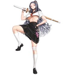 Rule 34 | 1girl, bandaid, bandaid on face, bandaid on knee, bandaid on leg, black bra, black footwear, black gloves, black skirt, black surgical mask, blue eyes, bra, bra peek, bracelet, breasts, candy, chain, cropped shirt, delinquent, fingerless gloves, flare gun, food, food in mouth, full body, gloves, grey hair, grey nails, gstiyl, hair ornament, hair scrunchie, half gloves, hand on own hip, high ponytail, highres, holding, holding shinai, holding sword, holding weapon, jewelry, kneehighs, lace, lace bra, large breasts, last origin, leg up, linea alba, lips, loafers, lollipop, long hair, long skirt, looking at viewer, mask, mask pull, mouth mask, nail polish, neckerchief, o-ring, official alternate costume, official art, pink weapon, pleated skirt, red neckerchief, school uniform, scrunchie, serafuku, shinai, shoes, short sleeves, simple background, skirt, socks, solo, standing, sukeban, surgical mask, sword, tachi-e, third-party source, transparent background, underboob, underwear, war wolf (last origin), weapon, white serafuku, white socks, yellow scrunchie