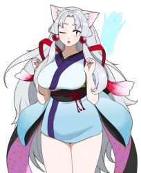 Rule 34 | 1girl, animal ear fluff, animal ears, breasts, fox ears, hair intakes, highres, japanese clothes, kimono, large breasts, long hair, looking at viewer, nail polish, obi, okunin, one eye closed, open mouth, purple eyes, sash, silver hair, simple background, solo, thick eyebrows, thighs, touhoku itako, very long hair, voiceroid, white background, yukata
