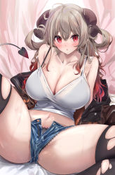 Rule 34 | 1girl, black bra, black panties, black thighhighs, blue shorts, bra, bra visible through clothes, breasts, brown hair, brown jacket, cleavage, collarbone, commentary request, crop top, demon girl, demon horns, demon tail, highres, horns, jacket, komupi, large breasts, long hair, looking at viewer, navel, off shoulder, original, panties, red eyes, shorts, solo, spread legs, sweat, tail, thighhighs, thighs, torn clothes, torn thighhighs, underwear