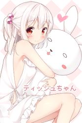 Rule 34 | 1girl, bare shoulders, blush, breasts, character name, hair bobbles, hair ornament, karutamo, long hair, looking at viewer, medium breasts, hugging object, original, red eyes, side ponytail, silver hair, sitting, smile, solo, stuffed animal, stuffed rabbit, stuffed toy, tisshu (karutamo)