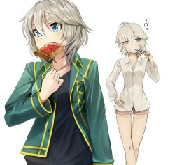Rule 34 | 1girl, anastasia (idolmaster), black shirt, blue eyes, brown shorts, collarbone, dress shirt, green jacket, hair between eyes, hand on own hip, idolmaster, idolmaster cinderella girls, jacket, jewelry, kinpun (fgxdw447), mouth hold, necklace, open clothes, open jacket, shirt, short hair, short shorts, shorts, silver hair, standing, thigh gap, toothbrush in mouth, white shirt