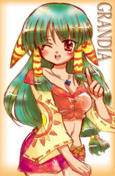 Rule 34 | 1girl, bare shoulders, breasts, copyright name, feena (grandia), game arts, grandia, grandia i, green hair, hair ornament, hair tubes, jewelry, long hair, low-tied long hair, midriff, navel, necklace, one eye closed, open mouth, pointing, skirt, smile, solo, white background, wink, yason