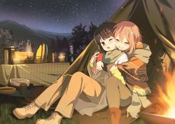 Rule 34 | 3girls, alternate hair length, alternate hairstyle, backpack, bag, blue hair, boots, brazier, camping, candle, coat, commentary, cross-laced footwear, crossed arms, cup, dishes, closed eyes, glasses, grass, happy, hotaru iori, hug, hug from behind, jacket, kagamihara nadeshiko, kagamihara sakura, lace-up boots, lamp, light blush, medium hair, mountainous horizon, mug, multiple girls, night, night sky, one eye closed, open mouth, outdoors, pants, pink hair, plate, poncho, purple eyes, purple hair, shima rin, siblings, sisters, sitting, sky, smile, star (sky), starry sky, sweater, table, tablecloth, tent, thermos, tree, winter clothes, yuri, yurucamp