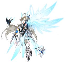 Rule 34 | 1girl, artist request, blue wings, boots, code: sariel (elsword), elbow gloves, elsword, eve (elsword), expressionless, full body, gloves, hair intakes, long hair, looking at viewer, moby (elsword), official art, remy (elsword), robot, solo, transparent background, white footwear, white hair, wings, yellow eyes