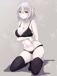 Rule 34 | 1girl, bad id, bad pixiv id, black bra, black panties, black thighhighs, blush, bra, breasts, brown eyes, collarbone, fate/grand order, fate (series), highres, jeanne d&#039;arc (fate), jeanne d&#039;arc alter (avenger) (fate), jeanne d&#039;arc alter (fate), large breasts, looking at viewer, momendoufu, navel, open mouth, panties, solo, thighhighs, underwear, underwear only, white hair