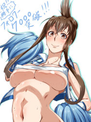 Rule 34 | 1girl, bandeau, bare shoulders, blush, breasts, brown eyes, brown hair, bursting breasts, cheerleader, cheerleader (yu-gi-oh! 5d&#039;s), chiagaru (yuu-gi-ou 5d&#039;s), covered erect nipples, crop top, extra, female focus, folded ponytail, grey hair, holding, kanta (k n t r o), large breasts, light smile, looking at viewer, midriff, navel, open clothes, open vest, pom pom (cheerleading), puffy nipples, shadow, short hair with long locks, sidelocks, simple background, smile, solo, strapless, sweat, taut clothes, translation request, tube top, underboob, upper body, vest, white background, yu-gi-oh!, yu-gi-oh! 5d&#039;s
