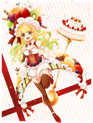 Rule 34 | 1girl, :d, absurdres, blonde hair, blueberry, bow, breasts, brown thighhighs, cake, cherry, cleavage, collarbone, corset, detached sleeves, diagonal stripes, earrings, facial mark, food, food-themed clothes, fruit, garter straps, gloves, grapes, green eyes, green hair, highres, hoshi no pon, jewelry, kiwi (fruit), leg up, long hair, matching hair/eyes, multicolored hair, open mouth, orange (fruit), orange slice, original, pocketland, red bow, red footwear, ribbon-trimmed clothes, ribbon-trimmed sleeves, ribbon trim, shoes, short sleeves, shorts, small breasts, smile, solo, star (symbol), star earrings, star facial mark, strawberry, striped bow, striped clothes, striped gloves, striped thighhighs, thighhighs, two-tone hair, vertical-striped clothes, vertical-striped thighhighs, wavy hair, whipped cream, white shorts
