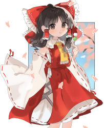 Rule 34 | 1girl, ascot, bow, dango, detached sleeves, food, hair bow, hair tubes, hakurei reimu, highres, looking at viewer, ramochi, red bow, red skirt, ribbon-trimmed sleeves, ribbon trim, skirt, solo, touhou, wagashi, wide sleeves