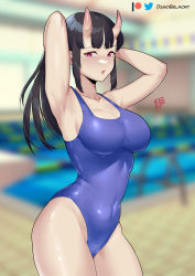 Rule 34 | 1girl, absurdres, armpits, arms behind head, arms up, artist name, black hair, blue one-piece swimsuit, blunt bangs, blurry, collarbone, commentary, competition swimsuit, contrapposto, covered navel, cowboy shot, damobelmont, demon girl, depth of field, english commentary, groin, highres, horns, indoors, lips, long hair, looking at viewer, one-piece swimsuit, oni, oni horns, original, parted lips, ponytail, pool, poolside, purple eyes, shiny skin, shiny swimsuit, sidelocks, signature, solo, standing, swimsuit, tying hair