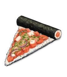 Rule 34 | ehoumaki, fish, fish (food), food, food focus, highres, makizushi, no humans, nori (seaweed), ocatg, onion, original, pizza, pizza slice, rice, seaweed, simple background, still life, sushi, vegetable, white background
