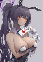 Rule 34 | 1girl, absurdres, ace (playing card), ace of hearts, animal ears, arm under breasts, black hair, black leotard, blue archive, blue bow, blue bowtie, bow, bowtie, breasts, card, cleavage, collarbone, dark-skinned female, dark skin, detached collar, enin, fake animal ears, gloves, halo, heart, highres, holding, holding card, karin (blue archive), karin (bunny) (blue archive), large breasts, leotard, long hair, looking at viewer, official alternate costume, playboy bunny, playing card, ponytail, rabbit ears, ribbon, simple background, smile, solo, traditional bowtie, upper body, white gloves, wrist cuffs, yellow eyes