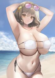 Rule 34 | 1girl, ahoge, anis (nikke), anis (sparkling summer) (nikke), arms behind head, arms up, bare shoulders, beach, bikini, blue sky, blush, breasts, brown eyes, brown hair, cleavage, closed mouth, collarbone, eyepatch bikini, eyewear on head, goddess of victory: nikke, highres, jewelry, large breasts, long sleeves, looking at viewer, navel, necklace, official alternate costume, shore, short hair, sky, solo, sunglasses, swimsuit, task baron, thighs, white bikini
