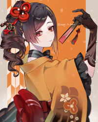 Rule 34 | 1girl, asymmetrical sidelocks, black gloves, brown hair, chiori (genshin impact), closed mouth, curly hair, frilled sleeves, frills, genshin impact, gloves, hair ornament, highres, holding, japanese clothes, kimono, long hair, long sleeves, looking at viewer, multicolored hair, red eyes, side ponytail, sidelocks, solo, streaked hair, two-tone hair, unagi to kame, upper body
